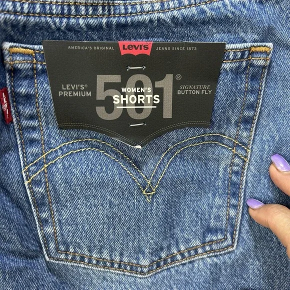 Levis Premium 501 Jean Shorts Women 27 Blue BIG E High Rise Distressed Cut Off - Picture 7 of 16